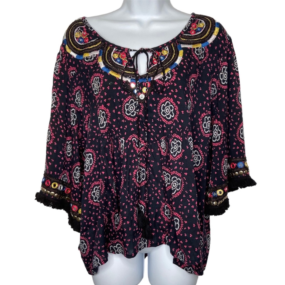 Anthropologie Raga Elena Embroidered Fringe Top